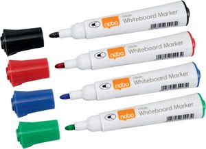 Nobo Glide whiteboardmarker, pak van 4 stuks, geassorteerde kleuren, op blister