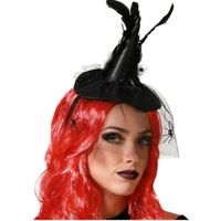 Halloween heksenhoed - mini hoedje op diadeem - one size - zwart - met sluier - meisjes/dames   -