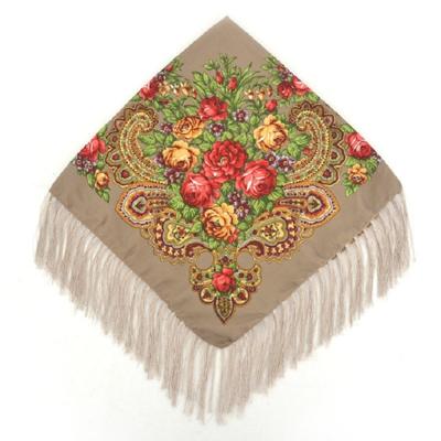 Kaki etnische stijl retro kwast vierkante sjaal bloem patroon hoofddoek sjaal grootte: 90 x 90cm