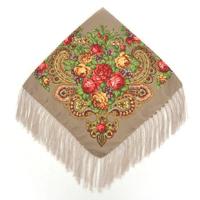 Kaki etnische stijl retro kwast vierkante sjaal bloem patroon hoofddoek sjaal grootte: 90 x 90cm