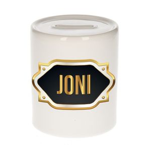 Naam cadeau spaarpot Joni met gouden embleem   -