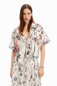 Blouse met geïllustreerde bloemen - WHITE - S