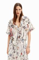 Blouse met geïllustreerde bloemen - WHITE - M - thumbnail