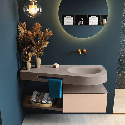 MONDIAZ RIVA 120cm badmeubel onderkast / planchet kleur Rosee met 1 lade. Wastafel DULCET rechts 0 kraangaten kleur Smoke.