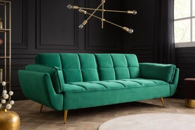 Retro slaapbank BOUTIQUE 215cm smaragdgroen fluweel 3 zits met gouden poten - 40566