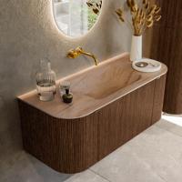 Badmeubel Mondiaz Kurve-Dlux | 110 cm | Meubelkleur Walnut | Wastafelkleur Saba | Solid surface | Wasbak midden spoelbak | Zonder kraangat(en)
