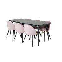 Gold eethoek eetkamertafel uitschuifbare tafel lengte cm 180 / 220 zwart en 6 Velvet eetkamerstal fluweel roze, zwart. - thumbnail