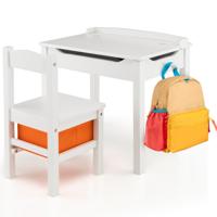 Kindertafel en Stoelenset Opklapbaar Bureau met Stoel Massief Houten Activiteitentafelset met Veiligheidsscharnier Uittrekbare Lade Wit
