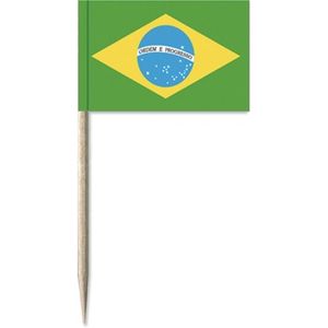 50x Vlaggetjes prikkers Brazilie - 8 cm - hout/papier   -