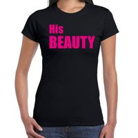 His beauty t-shirt zwart met roze letters voor dames