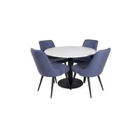 RazziaWH eethoek eetkamertafel terazzo wit en 4 Velvet Deluxe eetkamerstal blauw, zwart.