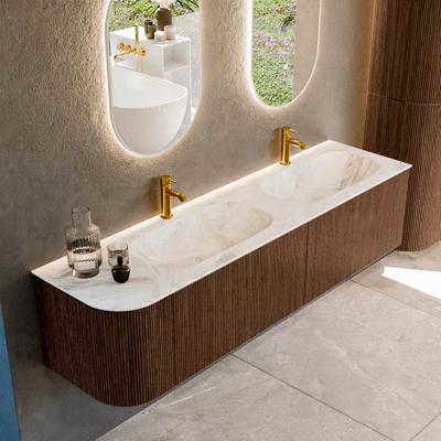 Badmeubel Mondiaz Kurve-Dlux | 175 cm | Meubelkleur Walnut | Wastafelkleur Frappe | Solid surface | Dubbele spoelbak | 2 kraangaten