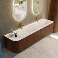 Badmeubel Mondiaz Kurve-Dlux | 175 cm | Meubelkleur Walnut | Wastafelkleur Frappe | Solid surface | Dubbele spoelbak | 2 kraangaten