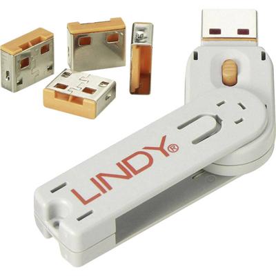LINDY USB-A-poortslot USB-Lock + Key Set van 4 stuks Oranje Incl. 1 sleutel 40453