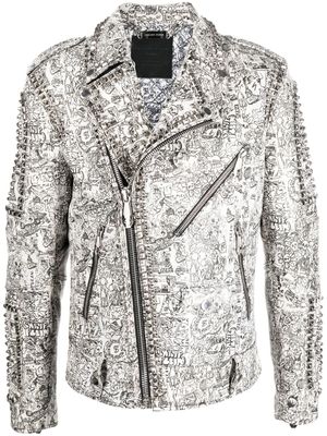 Philipp Plein veste de moto zippée à imprimé graphique - Blanc