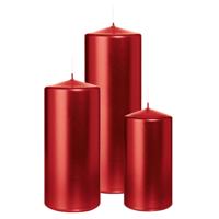 Cilinderkaarsen/stompkaarsen - set van 3 - metallic rood - 6x12/7x15/7x20 cm