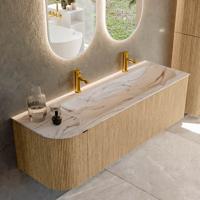 Badmeubel Mondiaz Kurve-Dlux | 145 cm | Meubelkleur Oak | Wastafelkleur Nata | Solid surface | Wasbak rechter zijde spoelbak | 2 kraangaten