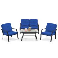 4-Delige Tuinmeubelset Terrasmeubels met Zit- Rug- en Taillekussens Zitgroep voor 4 Personen Tuinset Incl. 2 Stoelen Bank & Tafel Blauw