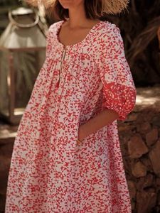 Red Half Sleeve Printed Cotton Boho Weaving Dress