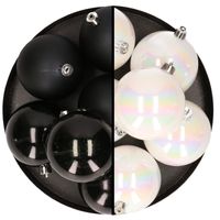 12x stuks kunststof kerstballen 8 cm mix van parelmoer wit en zwart