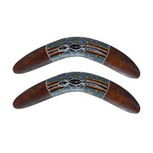 Wanddecoratie Boomerang ornament - 2x - hout - 30 cm - bruin met print - Australie thema