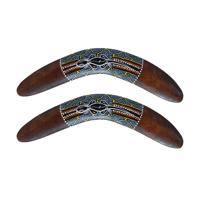Wanddecoratie Boomerang ornament - 2x - hout - 30 cm - bruin met print - Australie thema