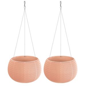 Set van 2x stuks plantenpotten/bloempotten hangend kunststof dia 24 cm zalm roze met metalen haak