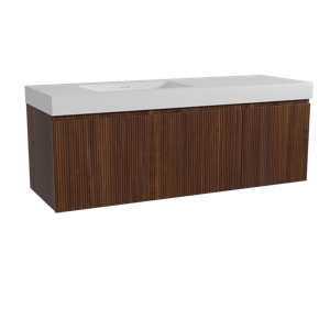 Storke Ribs zwevend badmeubel 150 x 52 cm notenhout met Mata High asymmetrisch linkse wastafel in solid surface mat wit, Verticale symmetrische rechte ribbel