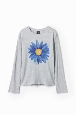 Geribd T-shirt met bloemenillustratie - BLACK - 9/10