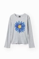 Geribd T-shirt met bloemenillustratie - BLACK - 9/10
