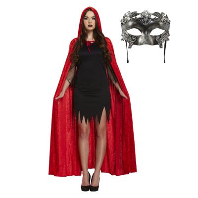 Carnaval gemaskerd bal verkleed set - Oogmasker zilver - Lange cape met capuchon rood - volwassenen