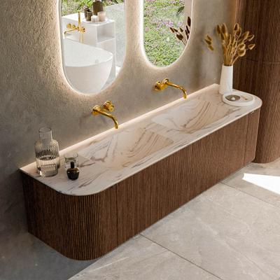 Badmeubel Mondiaz Kurve-Dlux | 170 cm | Meubelkleur Walnut | Wastafelkleur Nata | Solid surface | Wasbak beide zijden spoelbak | Zonder kraangat(en)