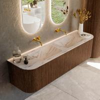 Badmeubel Mondiaz Kurve-Dlux | 170 cm | Meubelkleur Walnut | Wastafelkleur Nata | Solid surface | Wasbak beide zijden spoelbak | Zonder kraangat(en)