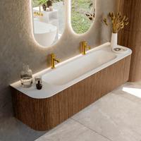 Mondiaz KURVE 170 cm Onderkast Greeploos 1 Lade Met Deuren Walnut, Wastafel Solid Surface Midden Talc 2 Kraangaten Zonder Spiegel (KRVBGL170L+R1L2D2KM-Wal/Tal)