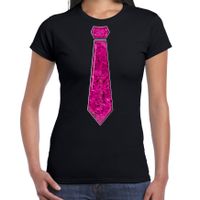 Bellatio Decorations Verkleed shirt dames - stropdas paillet roze - zwart - carnaval - foute party 2XL  -