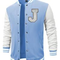 Bon&Bon Men's Color Block Baseball Bomber Jacket with Letter Print Blue / L