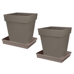 Set van 3x stuks bloempotten Toscane vierkant kunststof taupe 32 x 32 x 32 cm inclusief onderschalen