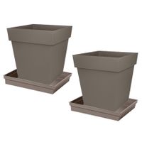 Set van 3x stuks bloempotten Toscane vierkant kunststof taupe 32 x 32 x 32 cm inclusief onderschalen