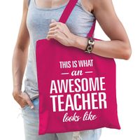 Katoenen cadeau juf tasje awesome teacher fuchsia roze - thumbnail