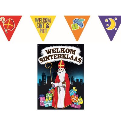 Sinterklaas versiering feestpakket inclusief 2x stuks vlaggenlijnen 6 meter en A1 deurposter