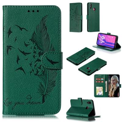Feather patroon Litchi textuur horizontale Flip lederen draagtas met portemonnee & houder & kaartsleuven voor Huawei Y9 (2019) (groen)