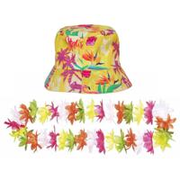 Tropische Hawaii party verkleedset - bucket hoedje - met bloemenslinger - volwassenen - summer