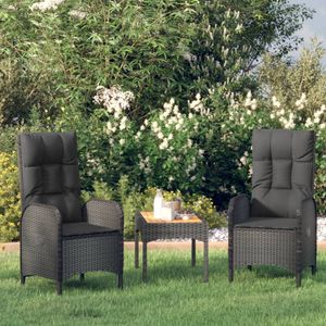 3-delige Loungeset met kussens poly rattan zwart