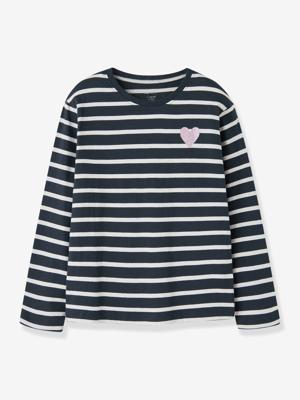 Gestreepte t-shirt voor meisjes NAME IT Boxy-Fit met paillettenhart nachtblauw