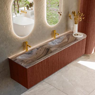 Badmeubel Mondiaz Kurve-Dlux | 175 cm | Meubelkleur Ruby | Wastafelkleur Sombra | Solid surface | Dubbel / Links spoelbak | 2 kraangaten
