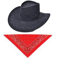 Carnaval verkleed hoed voor een cowboy - zwart - polyester - heren/dames - incl. bandana