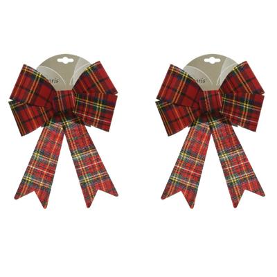 Decoris Kerstboom strik - 2x - rood - 38 cm - geruit patroon - kerstversiering - kerstdecoratie - ke