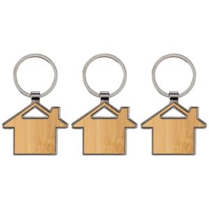 Sleutelhanger met huisje - 3x - bamboe/metaal - 5 x 4 cm - eigen huis/nieuw huis - cadeau housewarmi