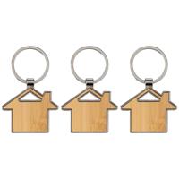 Sleutelhanger met huisje - 3x - bamboe/metaal - 5 x 4 cm - eigen huis/nieuw huis - cadeau housewarmi