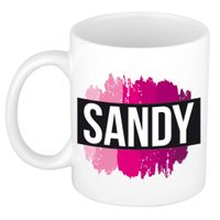 Naam cadeau mok / beker Sandy  met roze verfstrepen 300 ml   -